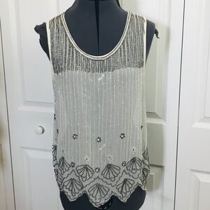 Bar III Cream Beaded Embellished Scalloped Sheer Tank Top Blouse • Size M 🔴